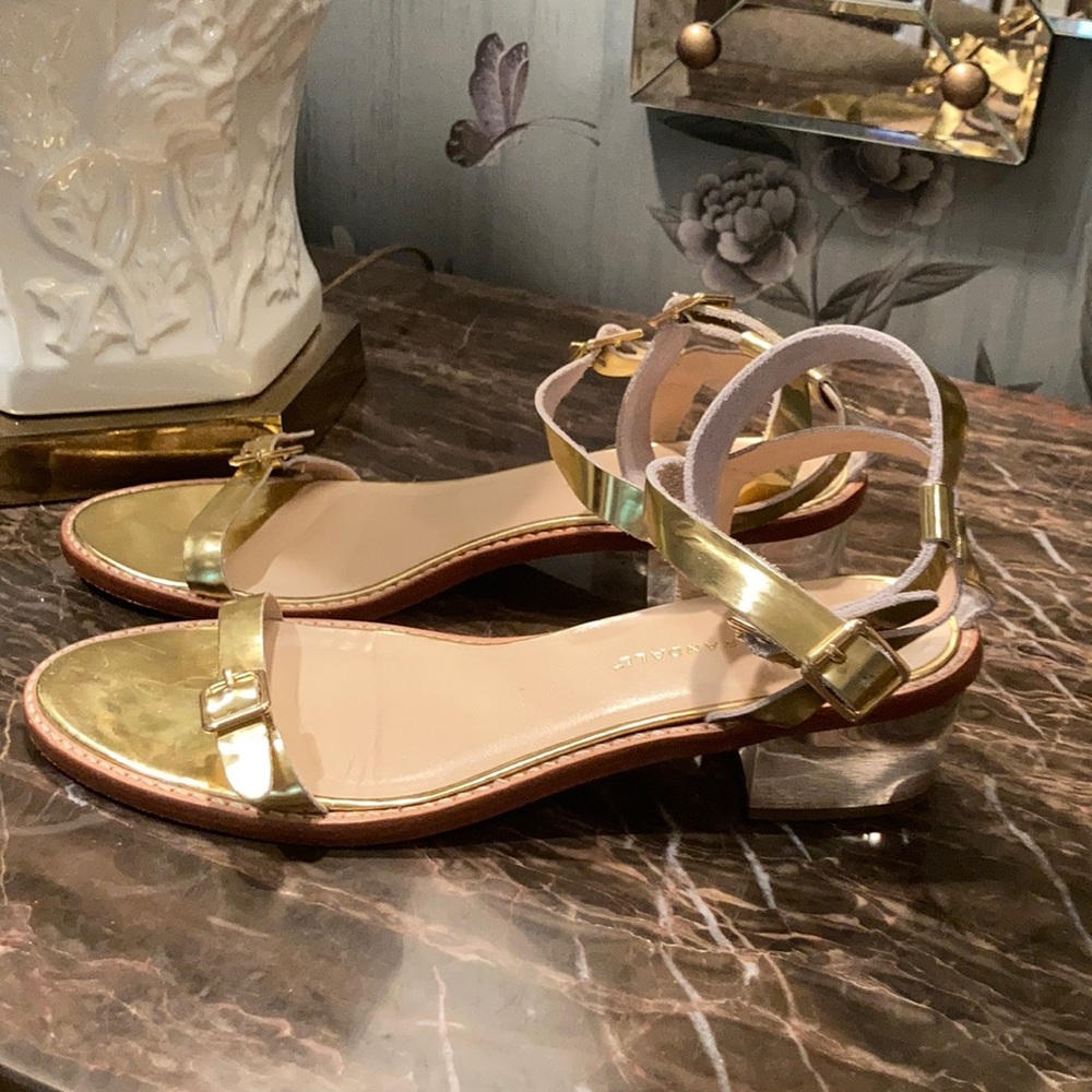loeffler Randall gold sandal with lucite heel